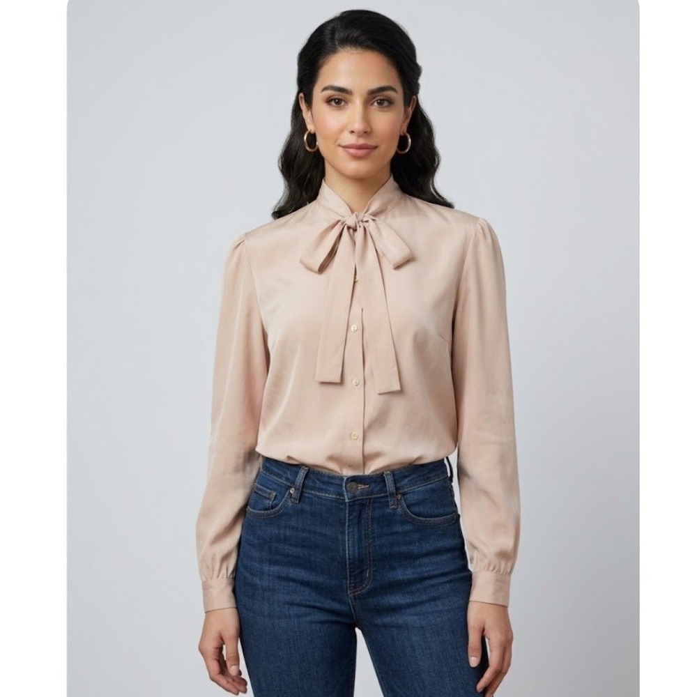 Vintage Tie Neck Blouse Womens 14 Tan Puffed‎ Shoulder Button Down Office Top